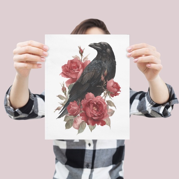 Watercolor Floral Black Crow Wall Art Print Unframed - Black Bird Illustration - Picture 4 of 6